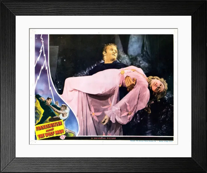 Framed Print : FRANKENSTEIN MEETS THE WOLF MAN, US lobbycard, from left: Bela Lugosi carrying Ilona Massey, 1943 Framed Print : FRANKENSTEIN MEETS THE WOLF MAN, US lobbycard, from left: Bela Lugosi carrying Ilona Massey, 1943