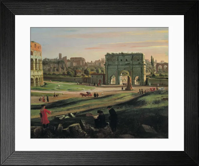 Framed Print : View of the Colosseum with the arch of Constantine. ca. 1716. Right detail of the Arch of Constantine. Dutch School. Baroque art. Oil on canvas. ITALY. Turin