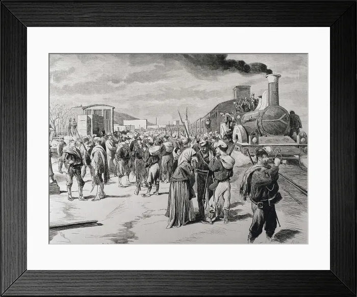 Framed Print : Spain. Third Carlist War. Departure of a free corps bataillon against the Carlists from Barcelona. Picture from 'La Ilustracin espaola y americana' (8th April 1873) Framed Print : Spain. Third Carlist War. Departure of a free corps bataillon against the Carlists from Barcelona. Picture from 'La Ilustracin espaola y americana' (8th April 1873)