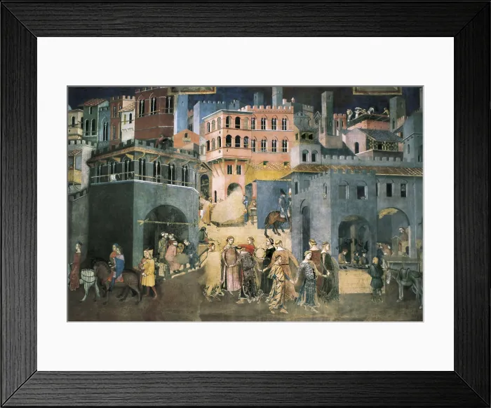 Framed Print : LORENZETTI, Ambrogio (1285-1348). Allegory of the Good Government: Effects of Good Government on the City Life. 1338-1340. ITALY. Siena. Public Palace. Central detail