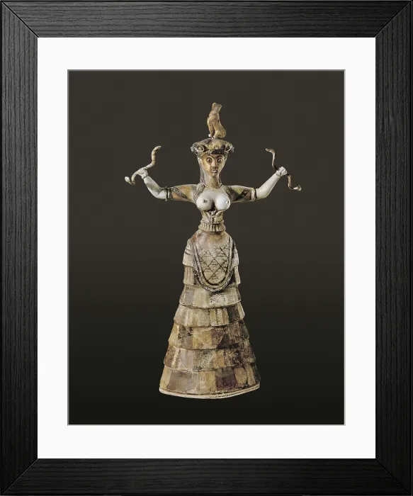 Framed Print : Snake Goddess or Household Goddess. ca. 1600 BC. Faence. Minoan art  /  Cretan art. Middle Minoan period. Ceramics. GREECE. Knossos. Archaeological Museum. Proc: GREECE. Knossos