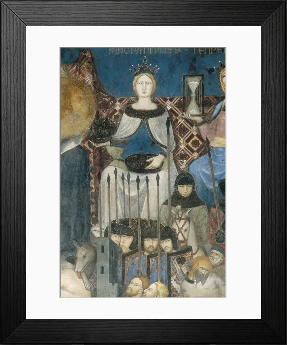 Framed Print : LORENZETTI, Ambrogio (1285-1348). Allegory of the Good Government. 1338-1340. ITALY. Siena. Public Palace. Located in the Sala dei Nove. Detail of the Magnanimity Framed Print : LORENZETTI, Ambrogio (1285-1348). Allegory of the Good Government. 1338-1340. ITALY. Siena. Public Palace. Located in the Sala dei Nove. Detail of the Magnanimity
