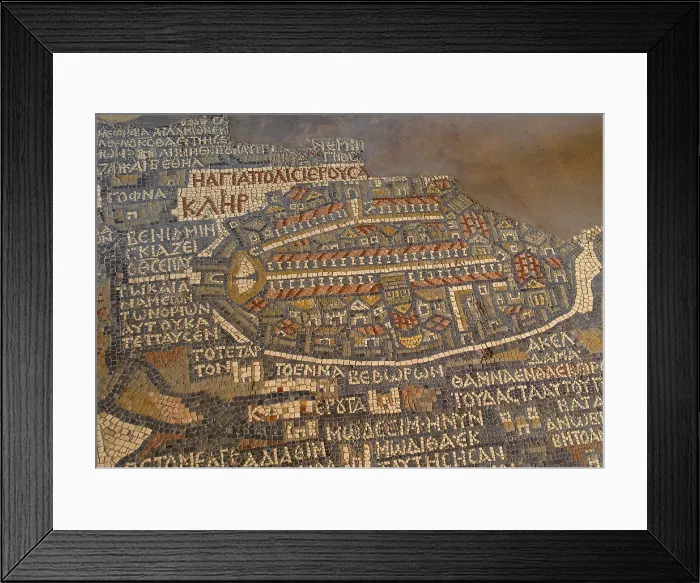 Framed Print : The Mosaic Map of Jerusalem, 542-570, 6th Century A.D. mosaic - Jordan, Madaba, Church of Saint George. Detail Framed Print : The Mosaic Map of Jerusalem, 542-570, 6th Century A.D. mosaic - Jordan, Madaba, Church of Saint George. Detail