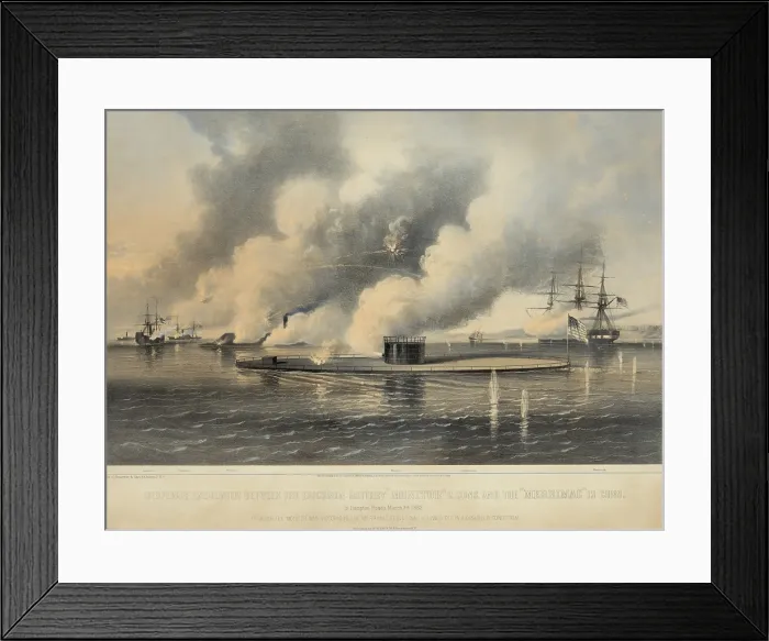 Framed Print : US Civil War, Battle of Hampton Roads, on March 9, 1862, the first engagement between ironclad gunboats Framed Print : US Civil War, Battle of Hampton Roads, on March 9, 1862, the first engagement between ironclad gunboats