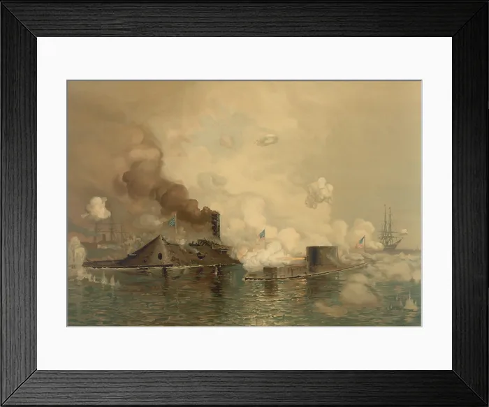 Framed Print : US Civil War, Battle of Hampton Roads, on March 9, 1862, the first engagement between ironclad gunboats Framed Print : US Civil War, Battle of Hampton Roads, on March 9, 1862, the first engagement between ironclad gunboats