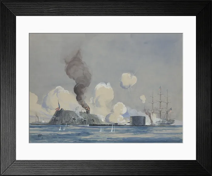 Framed Print : ACTION BETWEEN USS MONITOR AND CSS RAM MERRIMAC, IN HAMPTON ROADS, VA, by Worden Wood, American painting, Watercolor and gouache on paper