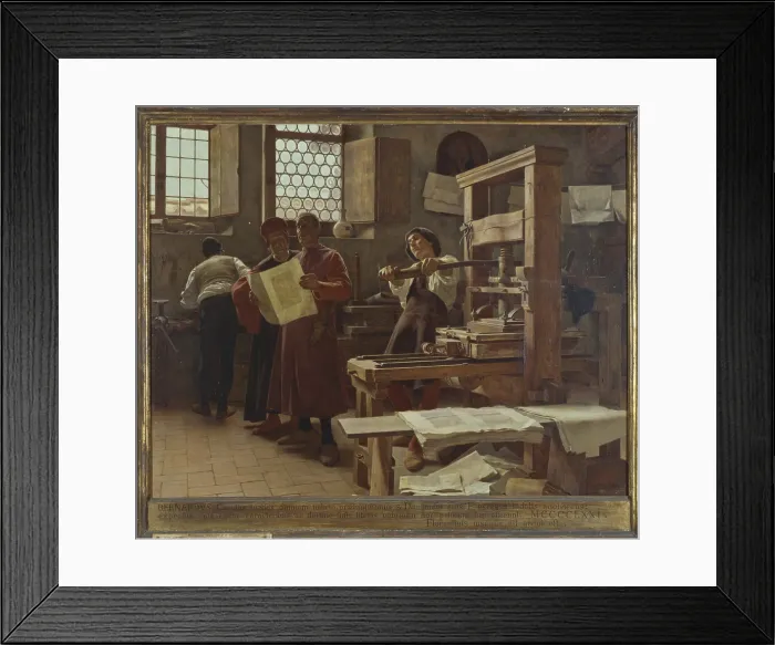 Framed Print : The Printing House of Bernardo Cennini (La stamperia di Bernando Cennini), by Tito Lessi, 1906, 20th Century, oil on canvas, 55, 5 x 71, 5 cm - Italy, Lazio, Rome Framed Print : The Printing House of Bernardo Cennini (La stamperia di Bernando Cennini), by Tito Lessi, 1906, 20th Century, oil on canvas, 55, 5 x 71, 5 cm - Italy, Lazio, Rome