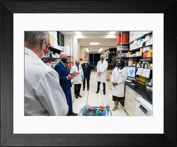 Framed Print : President Joe Biden visits the Viral Pathogenesis Laboratory, at the National Institutes of Health, Feb. 11, 2021. L-R: Deputy Director, NIH NIAAID Vaccine Research Center, Dr