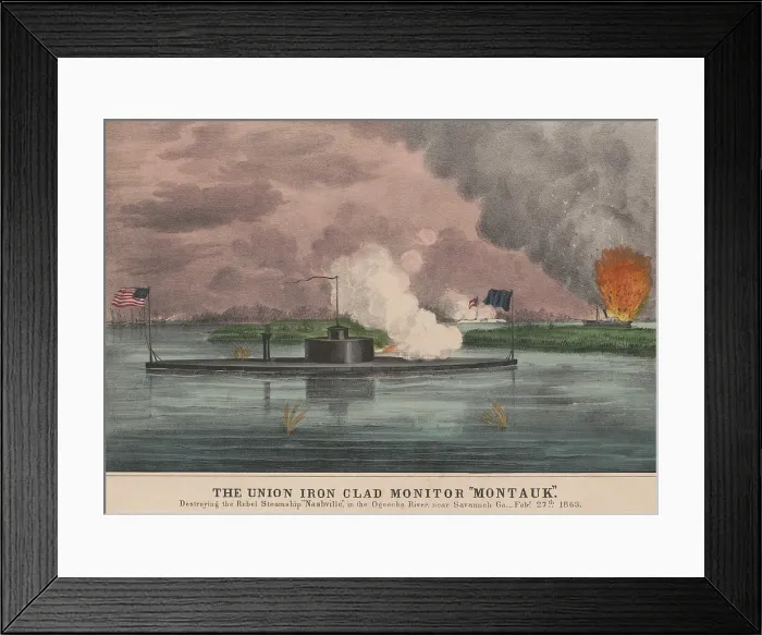 Framed Print : US Civil War, Union ironclad monitor USS Montauk, destroying the Confederate steamship and blockade runner, CSS Nashville, Feb. 27, 1863 Framed Print : US Civil War, Union ironclad monitor USS Montauk, destroying the Confederate steamship and blockade runner, CSS Nashville, Feb. 27, 1863
