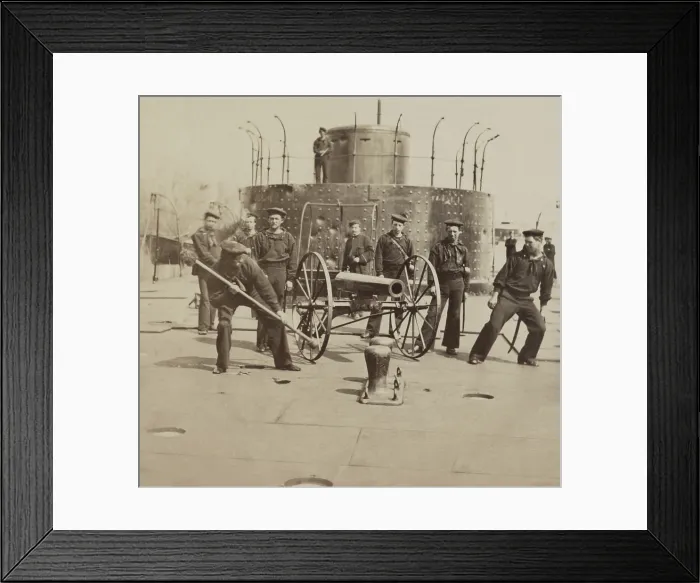 Framed Print : US Civil War, Union sailors on the deck of the monitor USS Lehigh, James River, Virginia. Crew members stand with a 12-pounder howitzer in 1864-65
