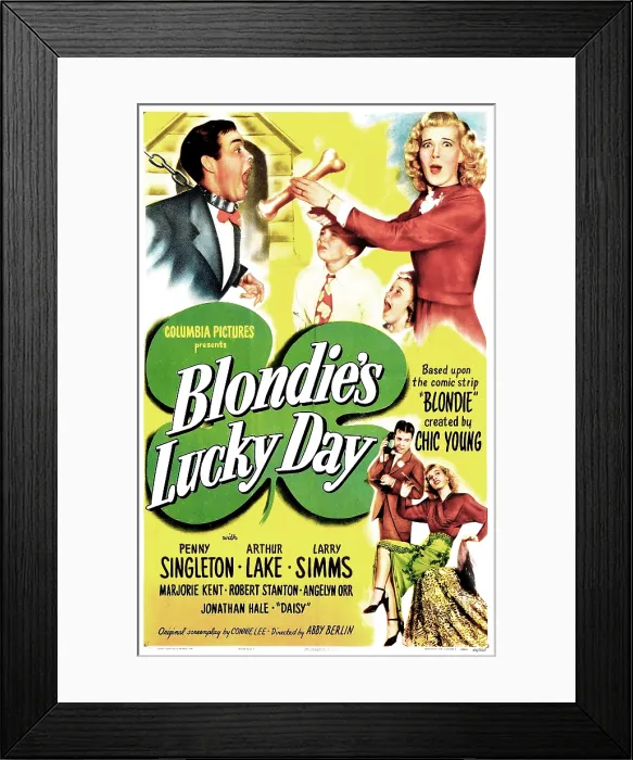 Framed Print : BLONDIE'S LUCKY DAY, US poster, from left: Arthur Lake, Larry Simms, Marjorie Kent (aka Marjorie Ann Mutchie), Penny Singleton, 1946 Framed Print : BLONDIE'S LUCKY DAY, US poster, from left: Arthur Lake, Larry Simms, Marjorie Kent (aka Marjorie Ann Mutchie), Penny Singleton, 1946