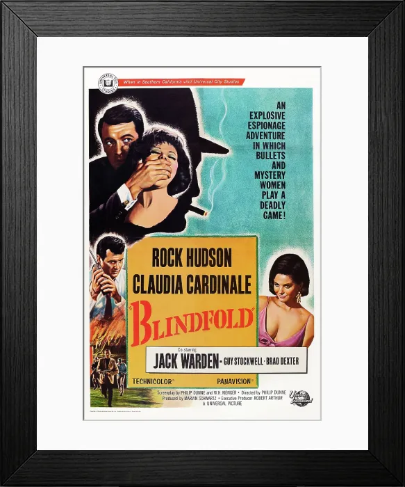 Framed Print : BLINDFOLD, US poster art, top and bottom: Rock Hudson, Claudia Cardinale, 1965 Framed Print : BLINDFOLD, US poster art, top and bottom: Rock Hudson, Claudia Cardinale, 1965
