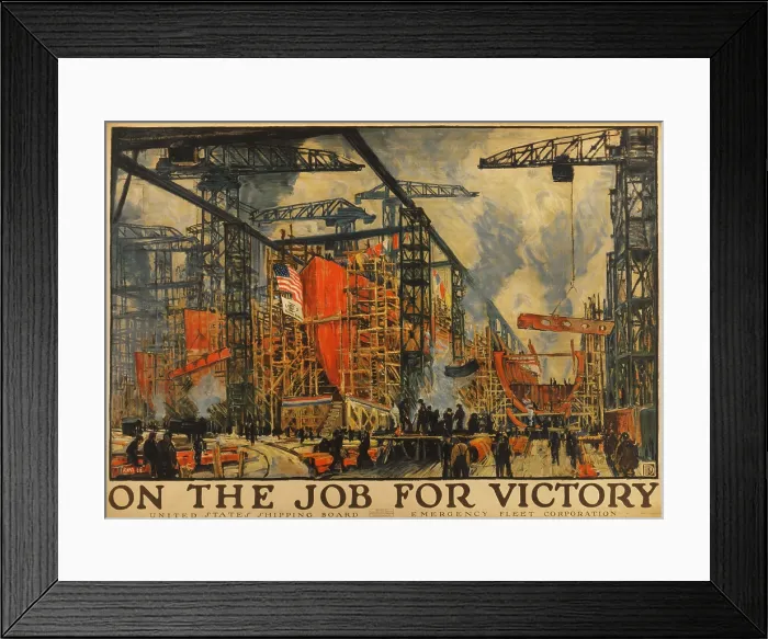 Framed Print : ON THE JOB FOR VICTORY. American Impressionistic painting of busy shipyard during World War 1