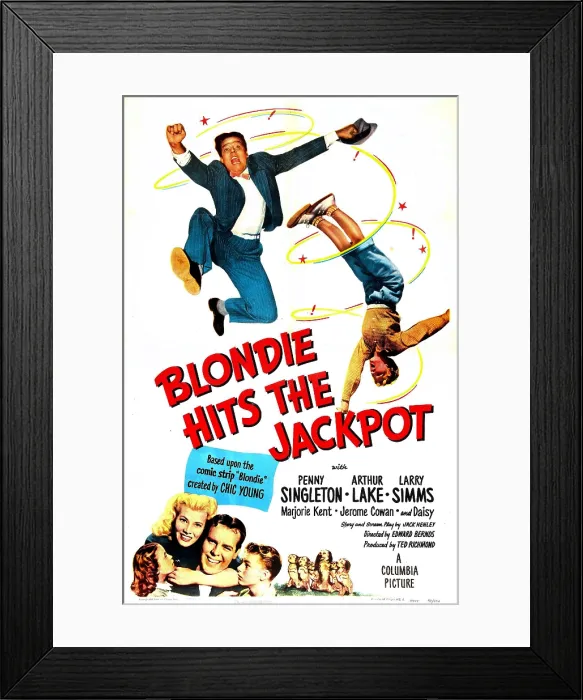 Framed Print : BLONDIE HITS THE JACKPOT, US poster, bottom from left: Marjorie Ann Mutchie (aka Marjorie Kent), Penny Singleton, Arthur Lake, Larry Simms, Daisy (4th dog from left), 1949 Framed Print : BLONDIE HITS THE JACKPOT, US poster, bottom from left: Marjorie Ann Mutchie (aka Marjorie Kent), Penny Singleton, Arthur Lake, Larry Simms, Daisy (4th dog from left), 1949