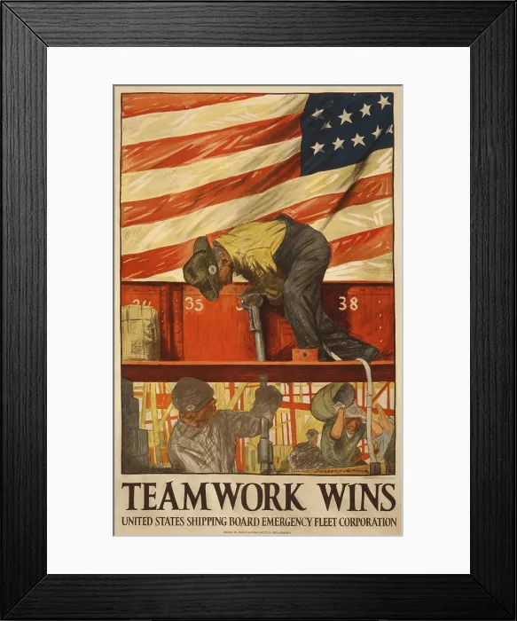Framed Print : TEAMWORK WINS. 1917 World War 1 poster by the United States Shipping Board