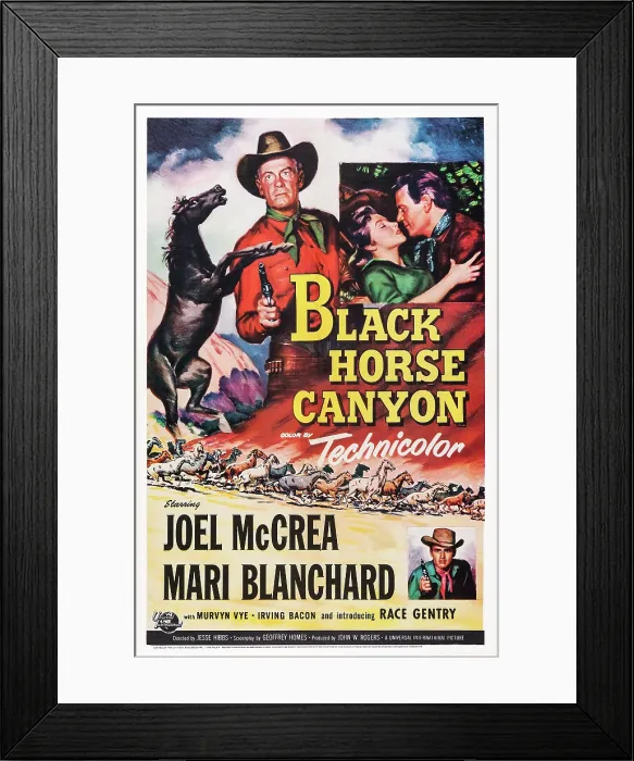 Framed Print : BLACK HORSE CANYON, US poster art, top right inset: Mari Blanchard, Joel McCrea; bottom right: Race Gentry, 1954