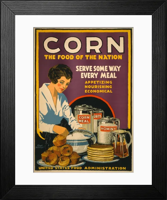 Framed Print : CORN-FOOD OF THE NATION. American World War 1 poster promoting corn in 1918 Framed Print : CORN-FOOD OF THE NATION. American World War 1 poster promoting corn in 1918