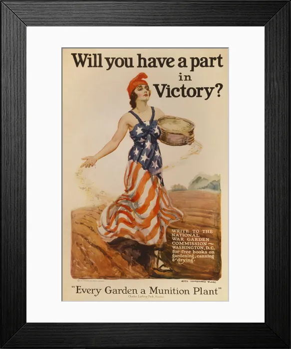 Framed Print : WILL YOU HAVE A PART IN VICTORY / EVERY GARDEN IS A MUNITIONS PLANT. American World War 1 poster of Liberty sowing seeds, by James Montgomery Flagg, 1918 (BSLOC_2017_1_58) Framed Print : WILL YOU HAVE A PART IN VICTORY / EVERY GARDEN IS A MUNITIONS PLANT. American World War 1 poster of Liberty sowing seeds, by James Montgomery Flagg, 1918 (BSLOC_2017_1_58)
