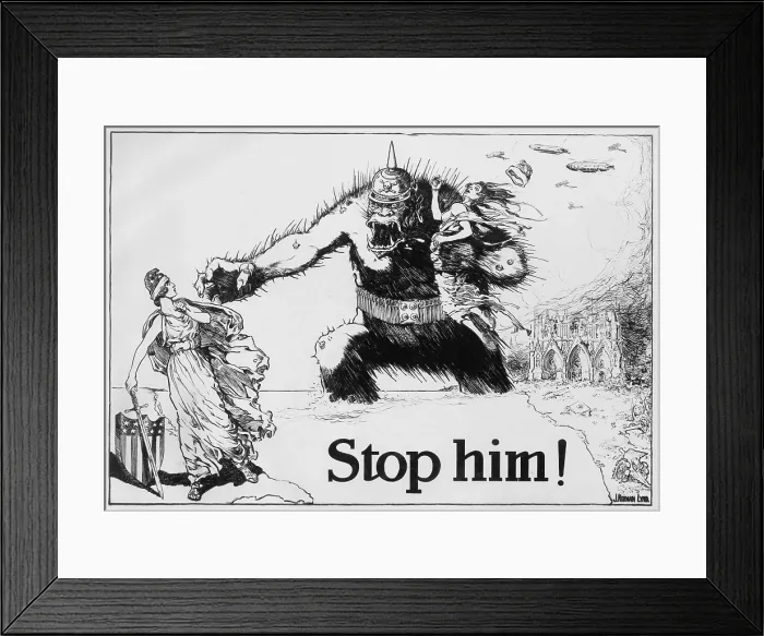 Framed Print : STOP HIM! Fierce gorilla wearing a German spiked helmet, reaches across the ocean from Europe. He threatens the figure of Liberty standing on a map of the American east coast Framed Print : STOP HIM! Fierce gorilla wearing a German spiked helmet, reaches across the ocean from Europe. He threatens the figure of Liberty standing on a map of the American east coast