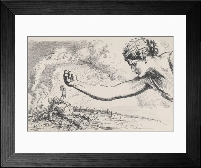 Framed Print : Giant Gibson Girl as the symbol of Democracy, punching German soldier resembling Hindenburg. Behind him is a cowering figure of Kaiser William II