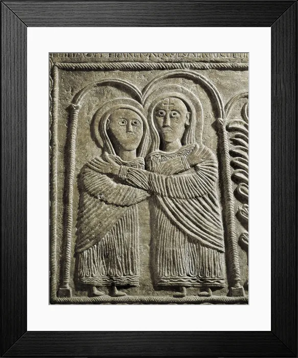 Framed Print : Altar of Duke Ratchis. 740s. Visitation of Mary. Detail. Lombardian romanesque art. Romanesque art. Relief on marble. ITALY. Cividale del Friuli. Duomo's Christian Museum