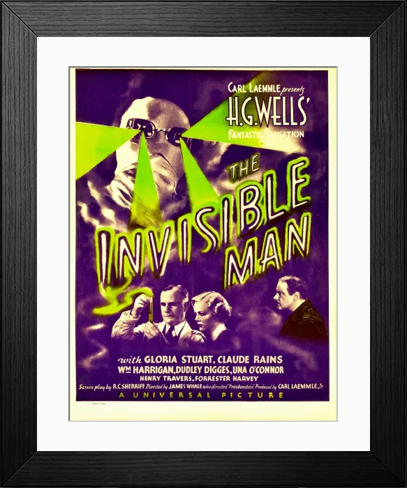 Framed Print : THE INVISIBLE MAN, top: Claude Rains, bottom from left: Henry Travers, Gloria Stuart, William Harrigan on window card, 1933