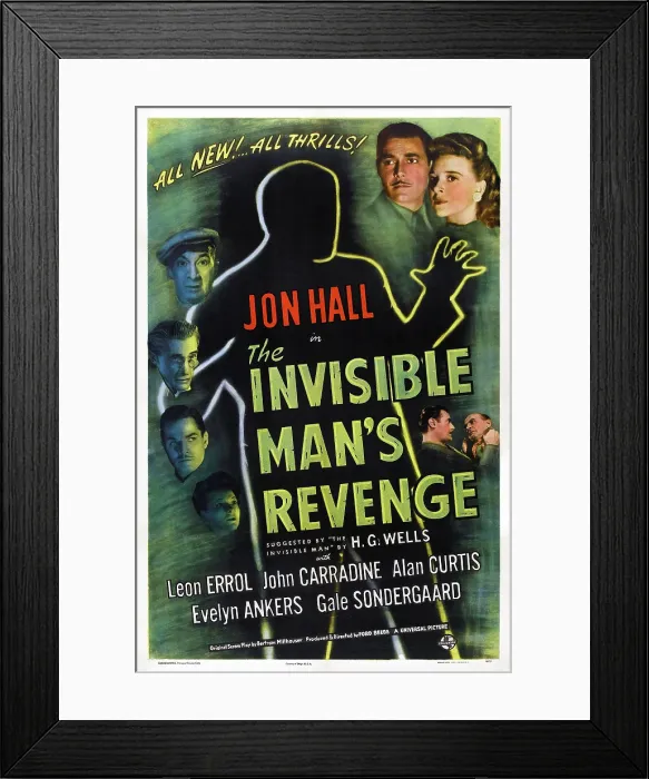 Framed Print : THE INVISIBLE MAN'S REVENGE, US poster art, left from top: Leon Errol, John Carradine, Alan Curtis, Gale Sondergaard, top right from left: Jon Hall, Evelyn Ankers