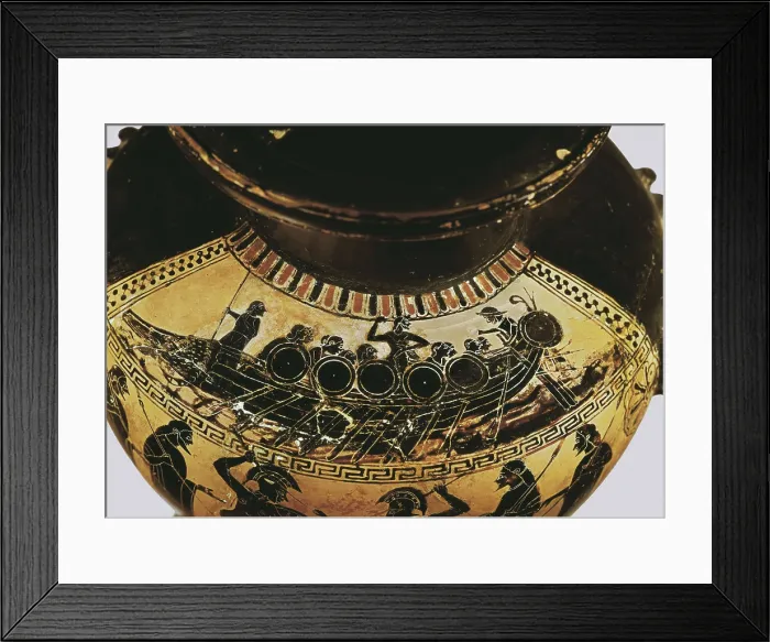 Framed Print : Attic cup depicting a greek sailing ship. 6th c. BC. Upper detail. Black figures decoration. Archaic Greek art. Ceramics. FRANCE. Paris. Louvre Museum