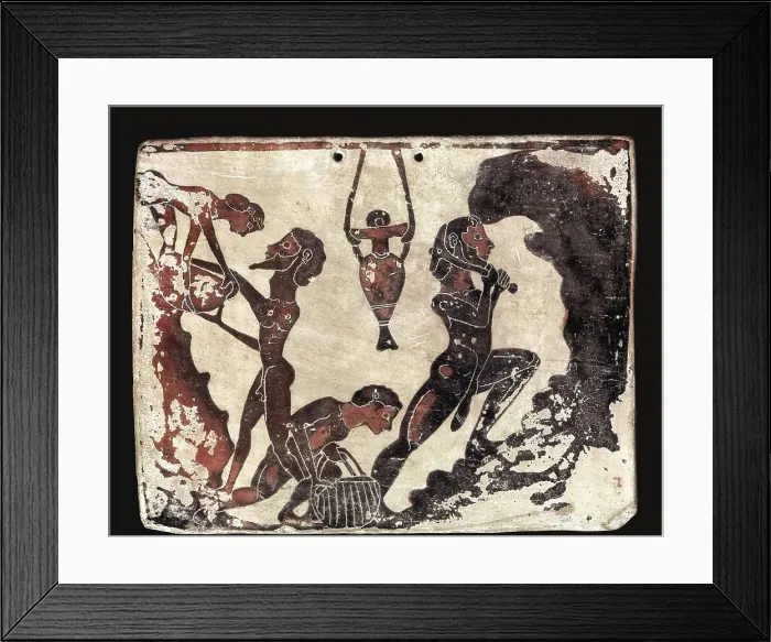 Framed Print : Mining Scene. 580 -570 a.C. Black-figure ceramics. Archaic Greek art. Ceramics. GERMANY. Berlin. Staatliche Museen (State Museums). AISA / Everett Collection**US SALES ONLY**