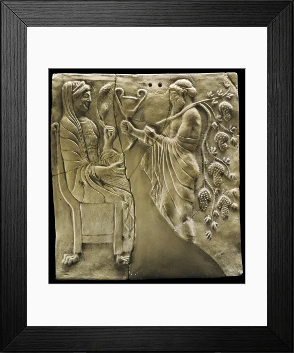Framed Print : Persephone Receiving God Dyonisus. 1st half 5th BC. Pinax. Classical Greek art. Relief on rock. ITALY. Reggio di Calabria. National Museum of Reggio Calabria. Proc: ITALY. Locri