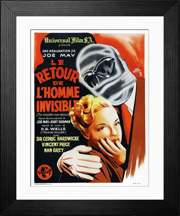 Framed Print : THE INVISIBLE MAN RETURNS, (aka LE RETOUR DE L'HOMME INVISIBLE), from left: Nan Grey, Vincent Price on French poster art, 1940