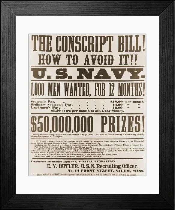 Framed Print : US Civil War. 1863 Union recruiting poster headline reads: THE CONSCRIPT BILL! HOW TO AVOID IT!! offers men a way to avoid being drafted into the army Framed Print : US Civil War. 1863 Union recruiting poster headline reads: THE CONSCRIPT BILL! HOW TO AVOID IT!! offers men a way to avoid being drafted into the army
