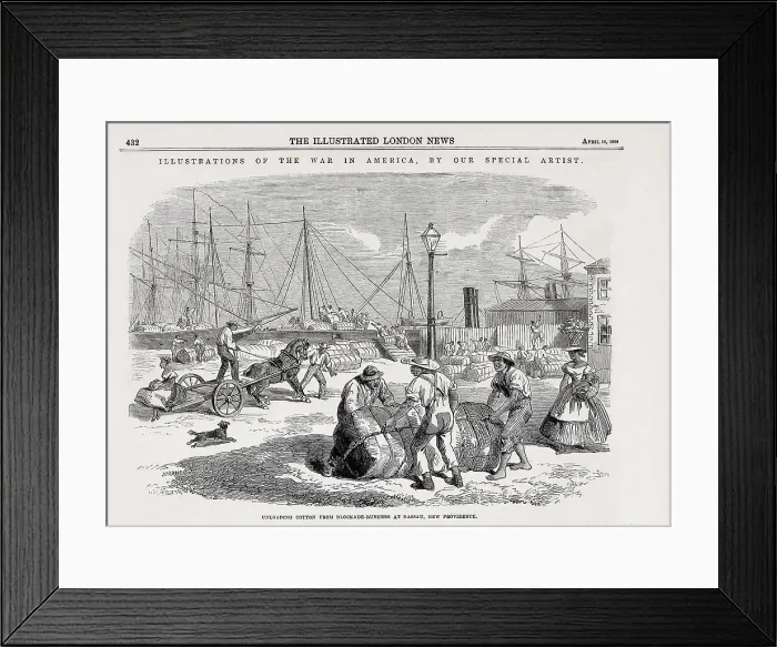 Framed Print : Stevedores unloading cotton from blockade runners, at Nassau, New Providence Island in the Bahamas, 1861-65, during the US Civil War Framed Print : Stevedores unloading cotton from blockade runners, at Nassau, New Providence Island in the Bahamas, 1861-65, during the US Civil War