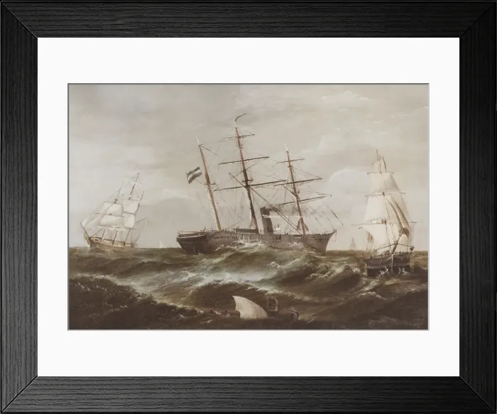 Framed Print : CAPTURE BY THE CONFEDERATE WARSHIP CSS SUMTER OF TWO FEDERAL MERCHANTMEN, by W.H. Moody, 1887. The Confederate blockade runner and commerce raider flies Argentine flag
