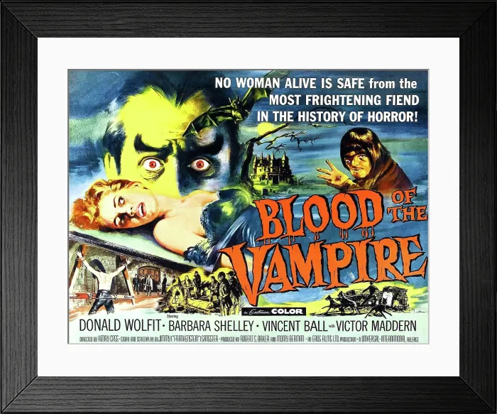 Framed Print : BLOOD OF THE VAMPIRE, girl on table: Barbara Shelley; man with staring eyes, top left: Donald Wolfit; upper right: Victor Maddern; half-sheet poster art, 1958 Framed Print : BLOOD OF THE VAMPIRE, girl on table: Barbara Shelley; man with staring eyes, top left: Donald Wolfit; upper right: Victor Maddern; half-sheet poster art, 1958