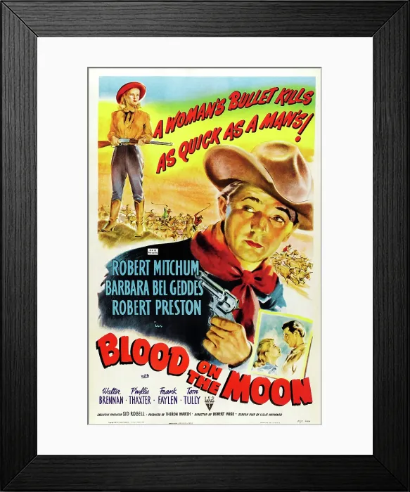 Framed Print : BLOOD ON THE MOON, first and second from left: Barbara Bel Geddes, Robert Mitchum, 1948