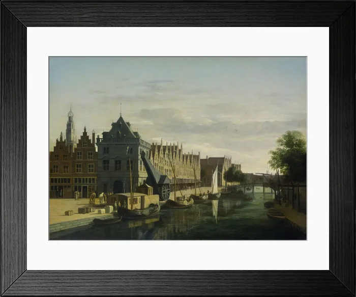 Framed Print : Weighing House and Crane on the Spaarne, Haarlem, by Gerrit Berckheyde, 1660-98, Dutch oil painting. A wood crane is on the quay with small boats are in the water
