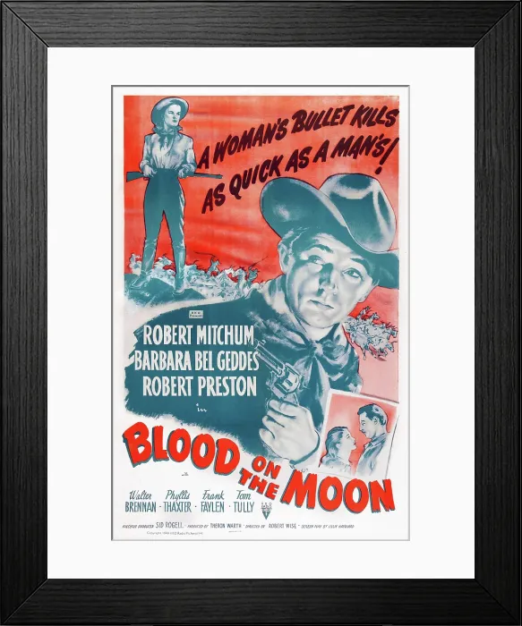 Framed Print : BLOOD ON THE MOON, US poster art, from left: Barbara Bel Geddes, Robert Mitchum, 1948 Framed Print : BLOOD ON THE MOON, US poster art, from left: Barbara Bel Geddes, Robert Mitchum, 1948