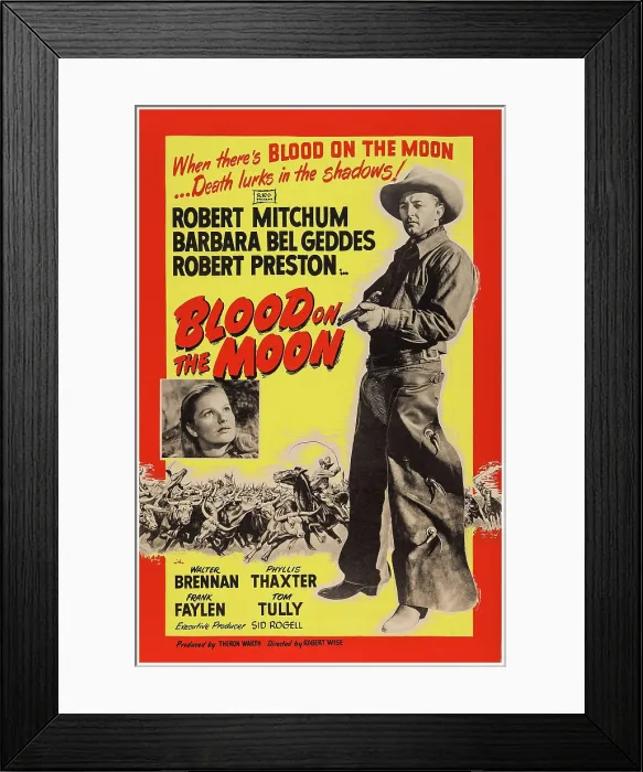Framed Print : BLOOD ON THE MOON, US poster art, from left: Barbara Bel Geddes, Robert Mitchum, 1948 Framed Print : BLOOD ON THE MOON, US poster art, from left: Barbara Bel Geddes, Robert Mitchum, 1948