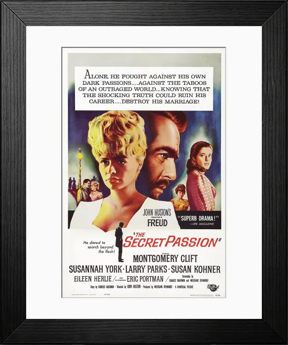 Framed Print : FREUD, (aka THE SECRET PASSION), poster art, l-r: Susannah York, Montgomery Clift (as Sigmund Freud), Maria Perschy, Susan Kohner, 1962
