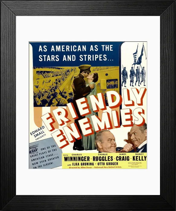 Framed Print : FRIENDLY ENEMIES, top from left: James Craig, Nancy Kelly, bottom from left: Charles Winninger, Charles Ruggles on window card, 1942 Framed Print : FRIENDLY ENEMIES, top from left: James Craig, Nancy Kelly, bottom from left: Charles Winninger, Charles Ruggles on window card, 1942