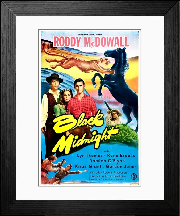 Framed Print : BLACK MIDNIGHT, US poster, middle from left: Damian O'Flynn, Lyn Thomas, Roddy McDowall, 1949