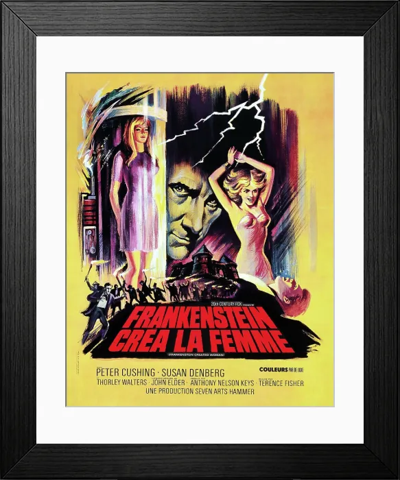 Framed Print : FRANKENSTEIN CREATED WOMAN, (aka FRANKENSTEIN CREA LA FEMME), center: Peter Cushing, right: Susan Denberg on French poster art, 1967, TM and Copyright 20th Century Fox Film Corp