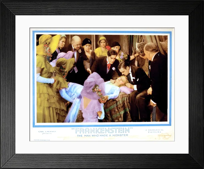 Framed Print : FRANKENSTEIN, lobbycard, Frederick Kerr (bald, left), John Boles (red necktie), Mae Clarke (center, blue), Colin Clive (sitting, right), 1931