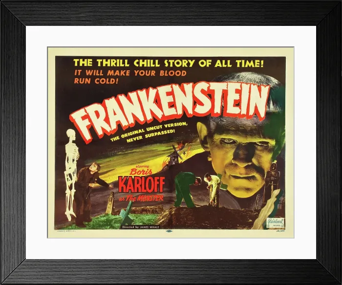 Framed Print : FRANKENSTEIN, l-r: Dwight Frye, Dwight Frye, Colin Clive, Boris Karloff on 1951 re-release title card, 1931