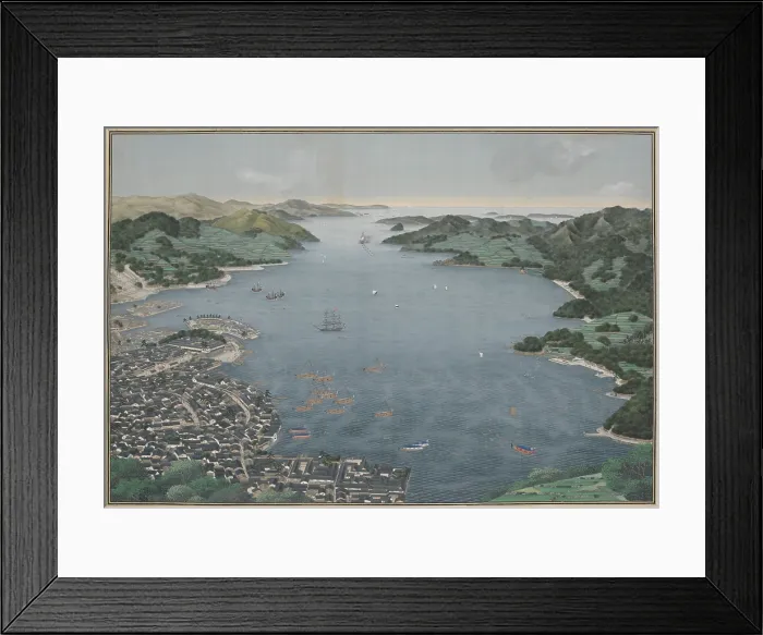 Framed Print : Nagasaki Harbor, by Kawahara Keiga, c. 1800-50, Japanese painting, watercolor on silk. Dutch and Chinese ships lie at anchor Framed Print : Nagasaki Harbor, by Kawahara Keiga, c. 1800-50, Japanese painting, watercolor on silk. Dutch and Chinese ships lie at anchor