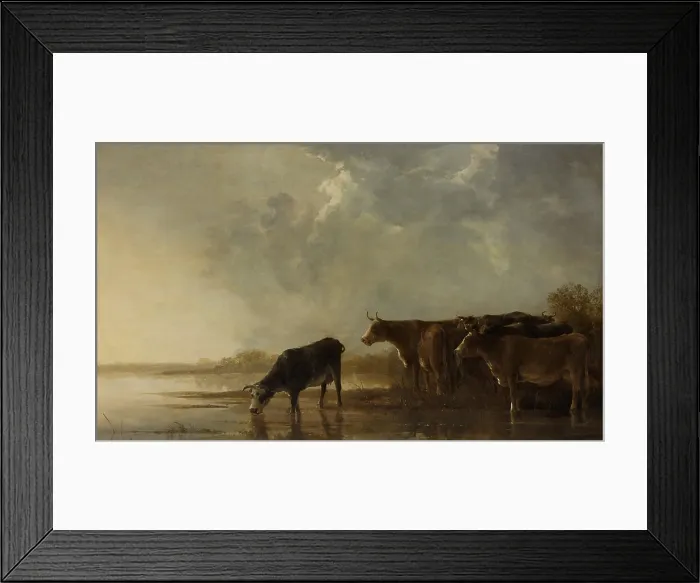 Framed Print : River Landscape with Cows, by Aelbert Cuyp, 1640-50, Dutch painting, oil on panel. Cows on the shore of a river in a flat landscape with luminous sky (BSLOC_2016_3_292)