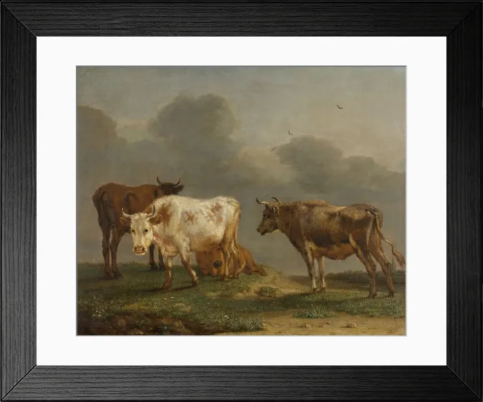 Framed Print : Four Cows in a Meadow, by Paulus Potter, 1651, Dutch painting, oil on panel. Four cows stand out against a cloudy grey sky, painted from a low vantage point (BSLOC_2016_3_293)