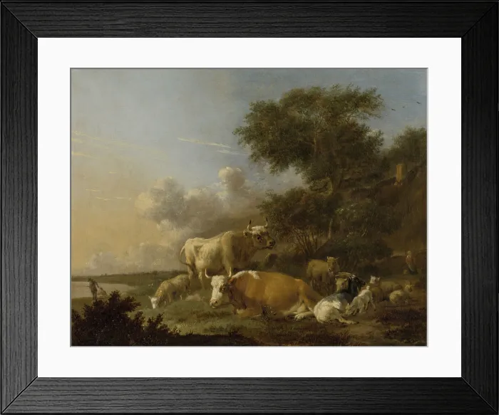 Framed Print : Landscape with Cows, by Albert Klomp, 1640-88, Dutch painting, oil on canvas. Animals include sheep and goats
