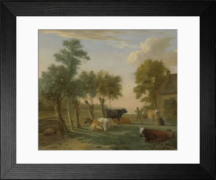 Framed Print : Cows in a Meadow near a Farm, by Paulus Potter, 1653, Dutch painting, oil on canvas. The long shadows indicate a low sun, as the cows and sheep take their afternoon rest